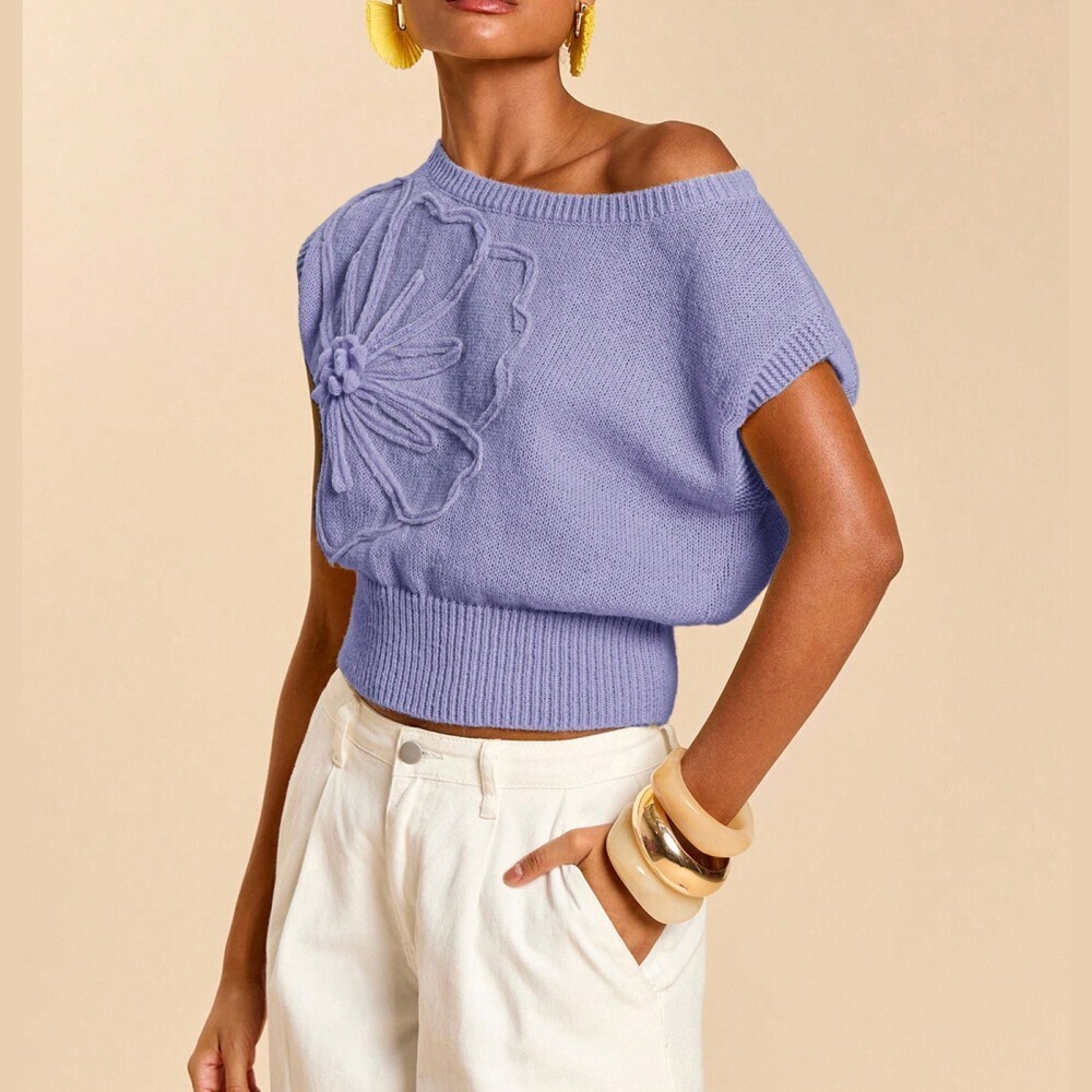 Lavender Knit Top With Floral Appliqu